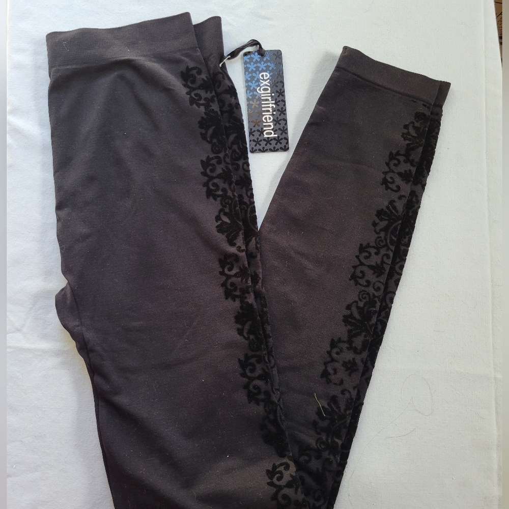 Black Leggings With Valvet Floral Down Each Side  Size S/M
